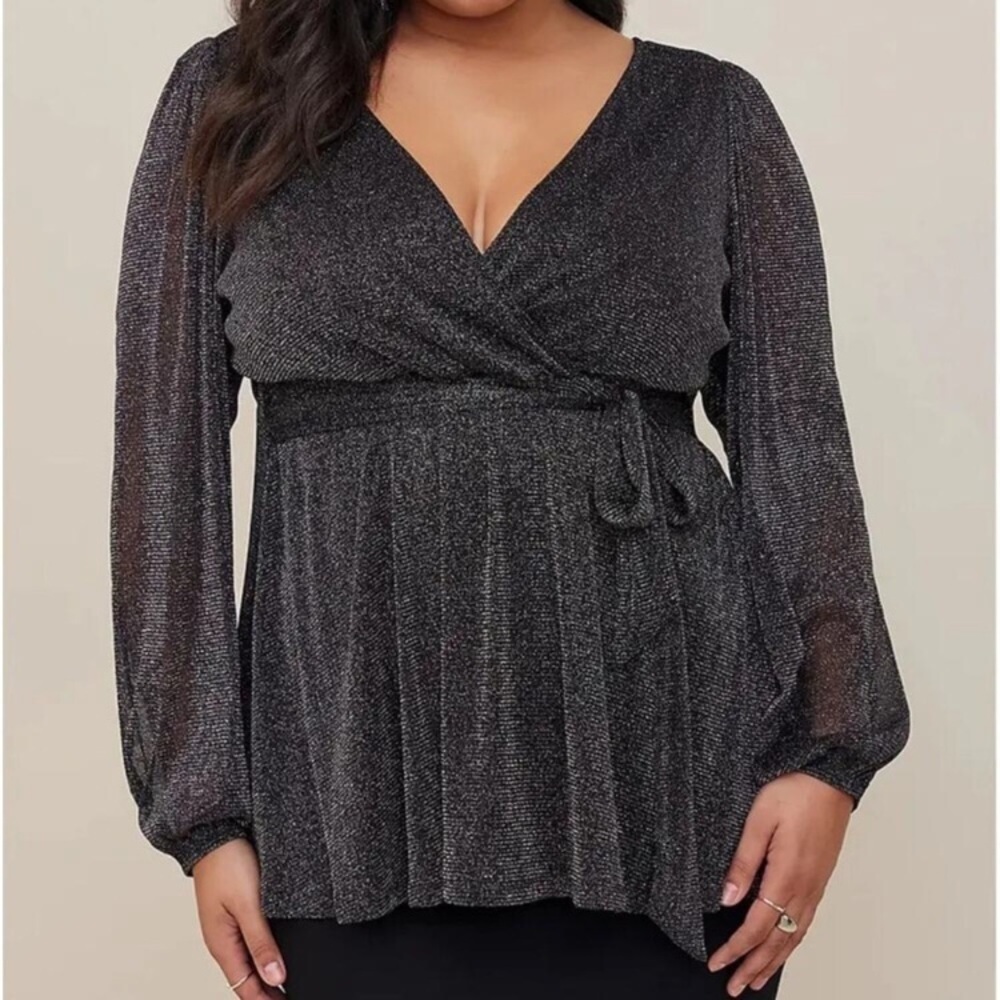 NWT TORRID Lurex Surplice Top in Black Shimmer - Picture 5 of 13